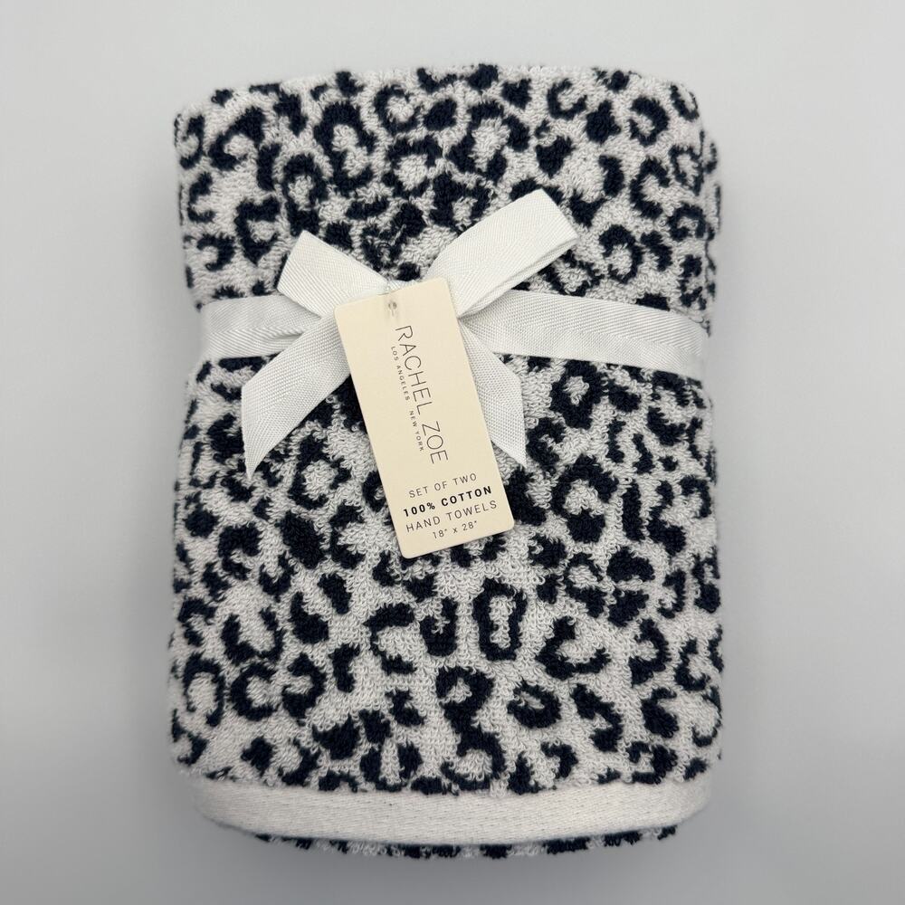 Rachel Zoe Leopard Cheetah Animal Print Hand Towel Set of 2 Navy White 18 x 28